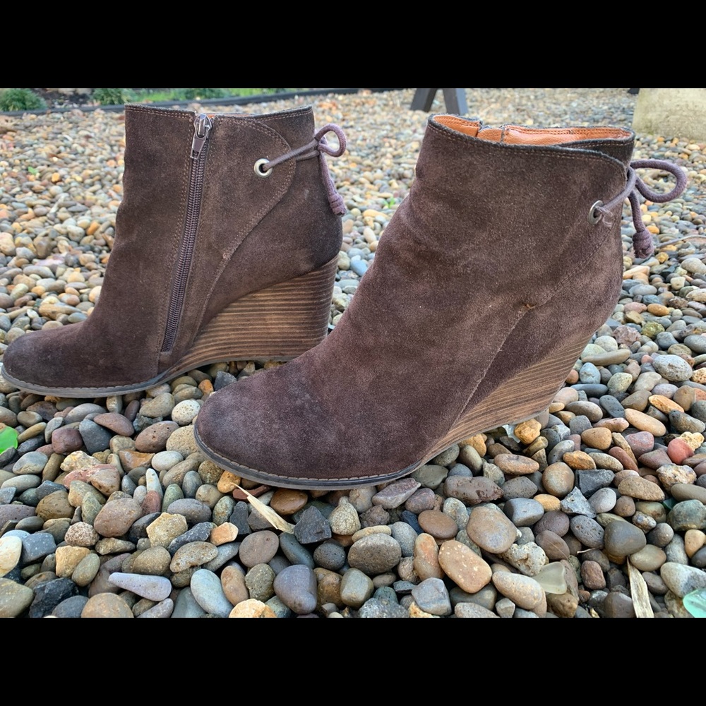Lucky Brand Yamina Brown Suede Wedge Zip Ankle Booties - Picture 5 of 5